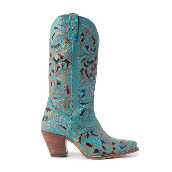 Cowgirl Boots: Kasiopeath- hand tooled boots in Turquoise